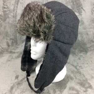 Crown Cap Trapper Hat Faux‎ Fur Lined Grey Mens XL Canada Ear Flaps